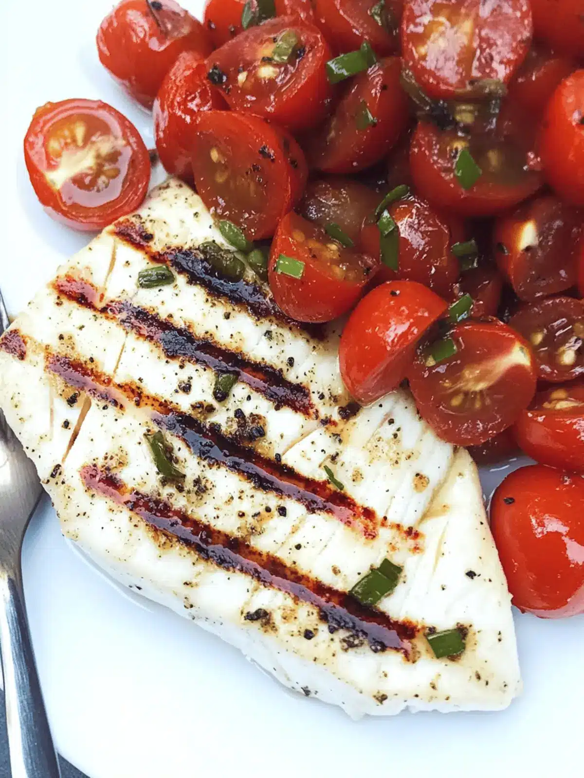 Grilled Swordfish with Blistered Grape Tomatoes and Sea Beans