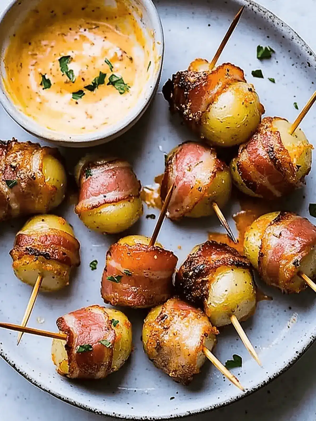 Baby new potatoes wrapped in bacon with harissa cheese dip