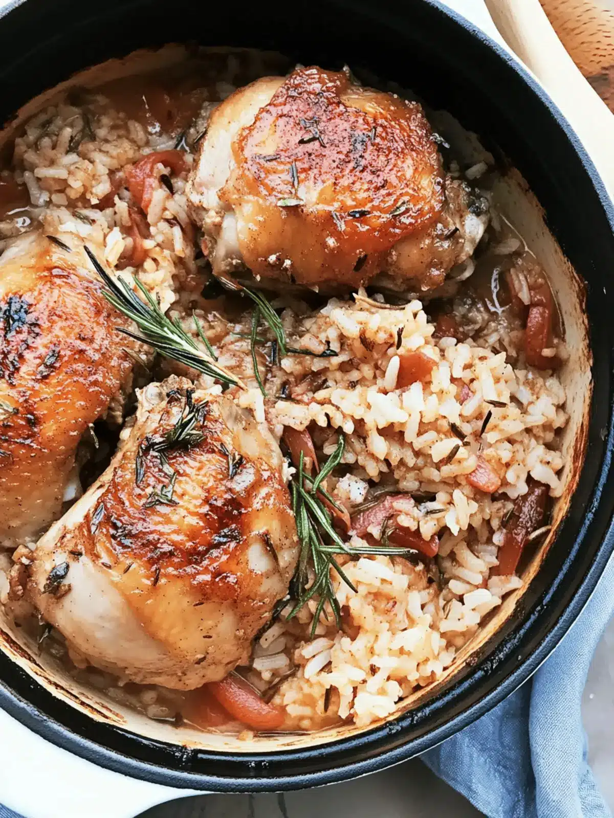 Braised Chicken Thighs over Cinnamon-Rosemary Rice