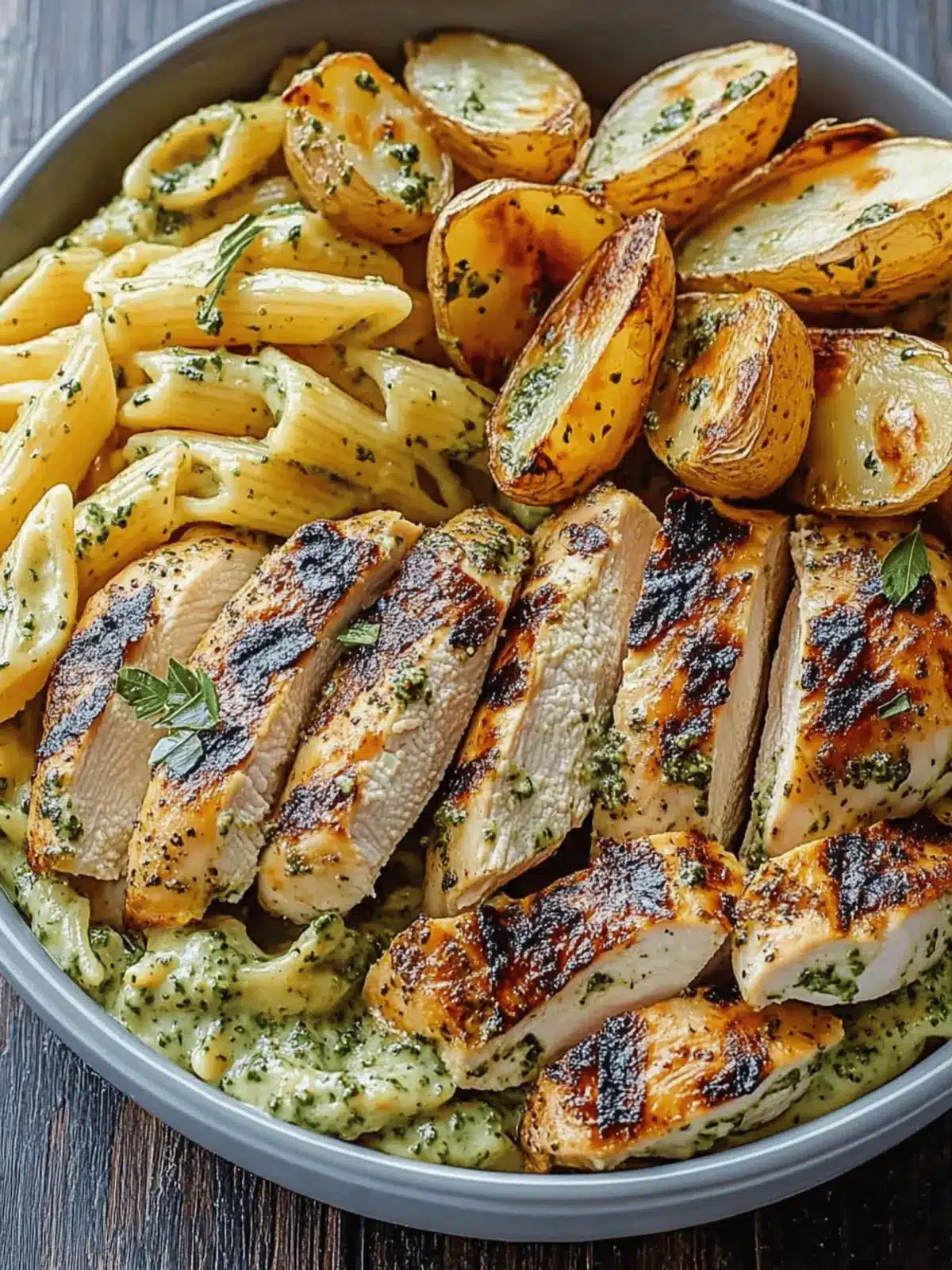 Flavor-Packed Loaded Herb Grilled Chicken with Pesto Pasta 2 Loaded Herb Grilled Chicken with Creamy Pesto Pasta & Roasted Potatoes