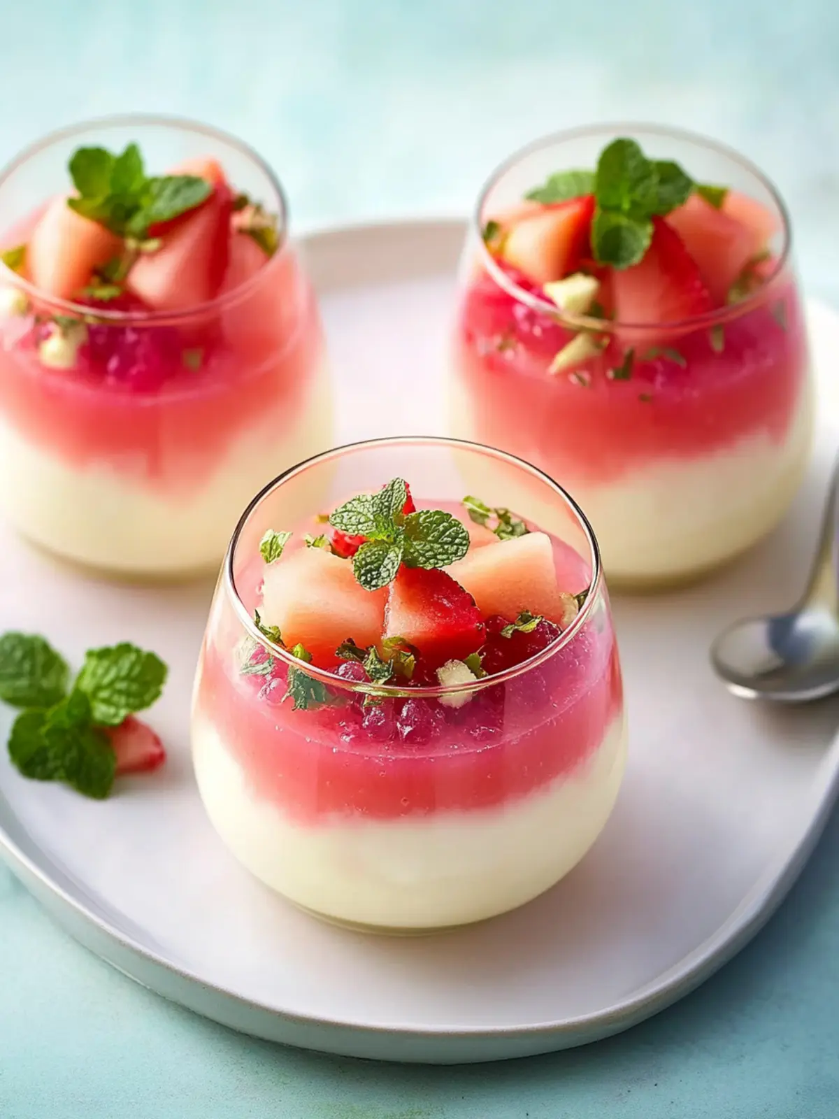 Milk Pudding With Rose Jelly Watermelon Strawberry And Mint Salad