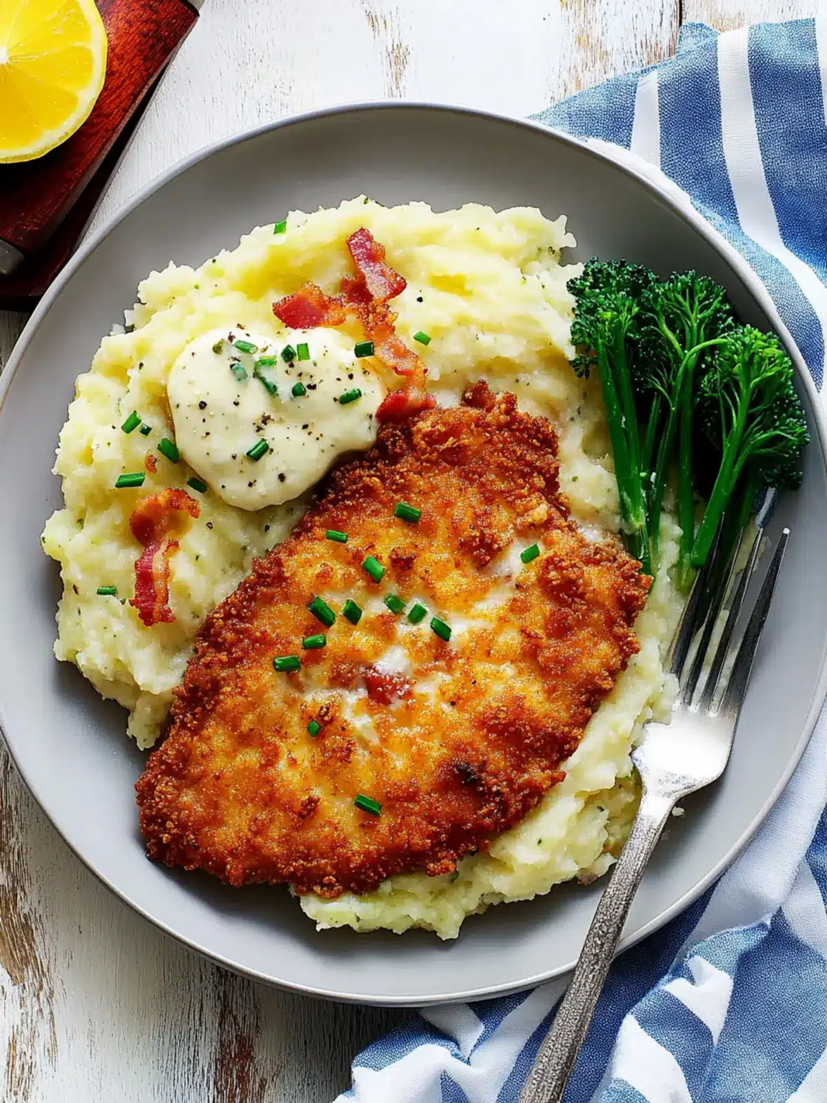 Satisfy Your Cravings with Chicken Schnitzel and Cheesy Bacon Mash 3 Chicken Schnitzel with Cheese, Bacon and Chive Butter Mash