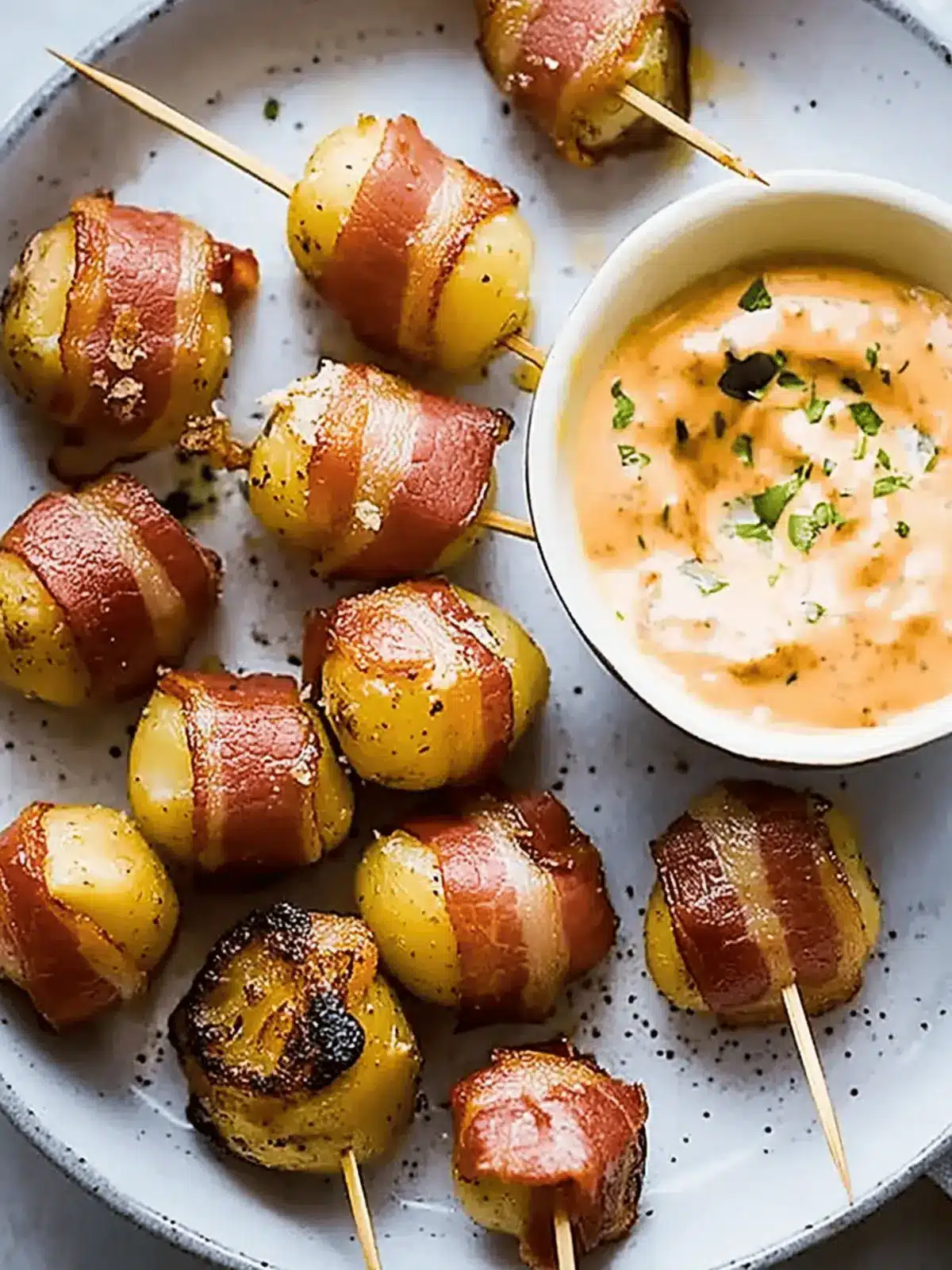 Baby new potatoes wrapped in bacon with harissa cheese dip