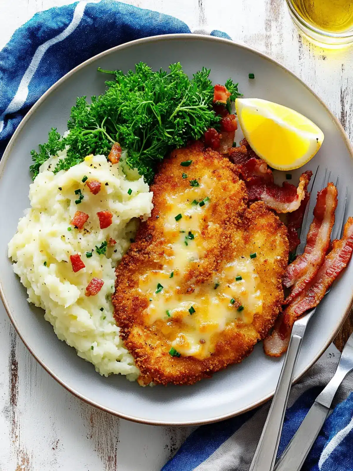 Satisfy Your Cravings with Chicken Schnitzel and Cheesy Bacon Mash 2 Chicken Schnitzel with Cheese, Bacon and Chive Butter Mash