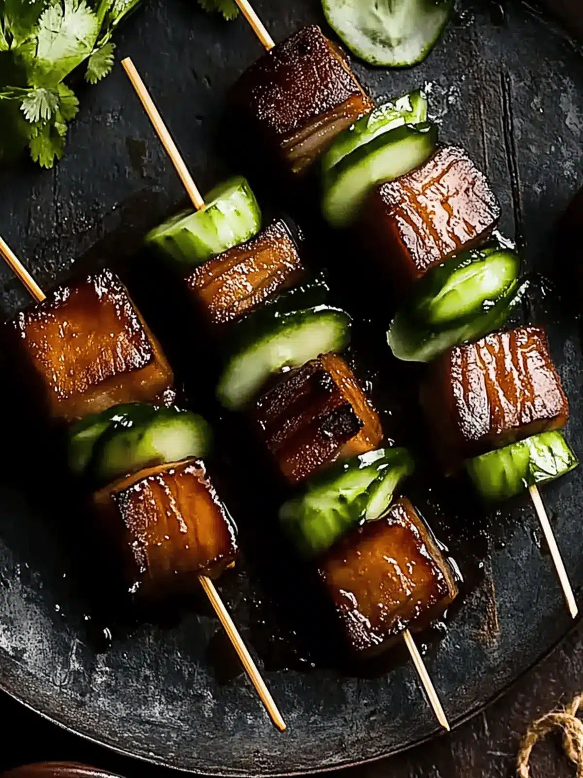 Pork Belly Skewers with Vietnamese Caramel Sauce Delight 3 Pork belly skewers with Vietnamese caramel sauce