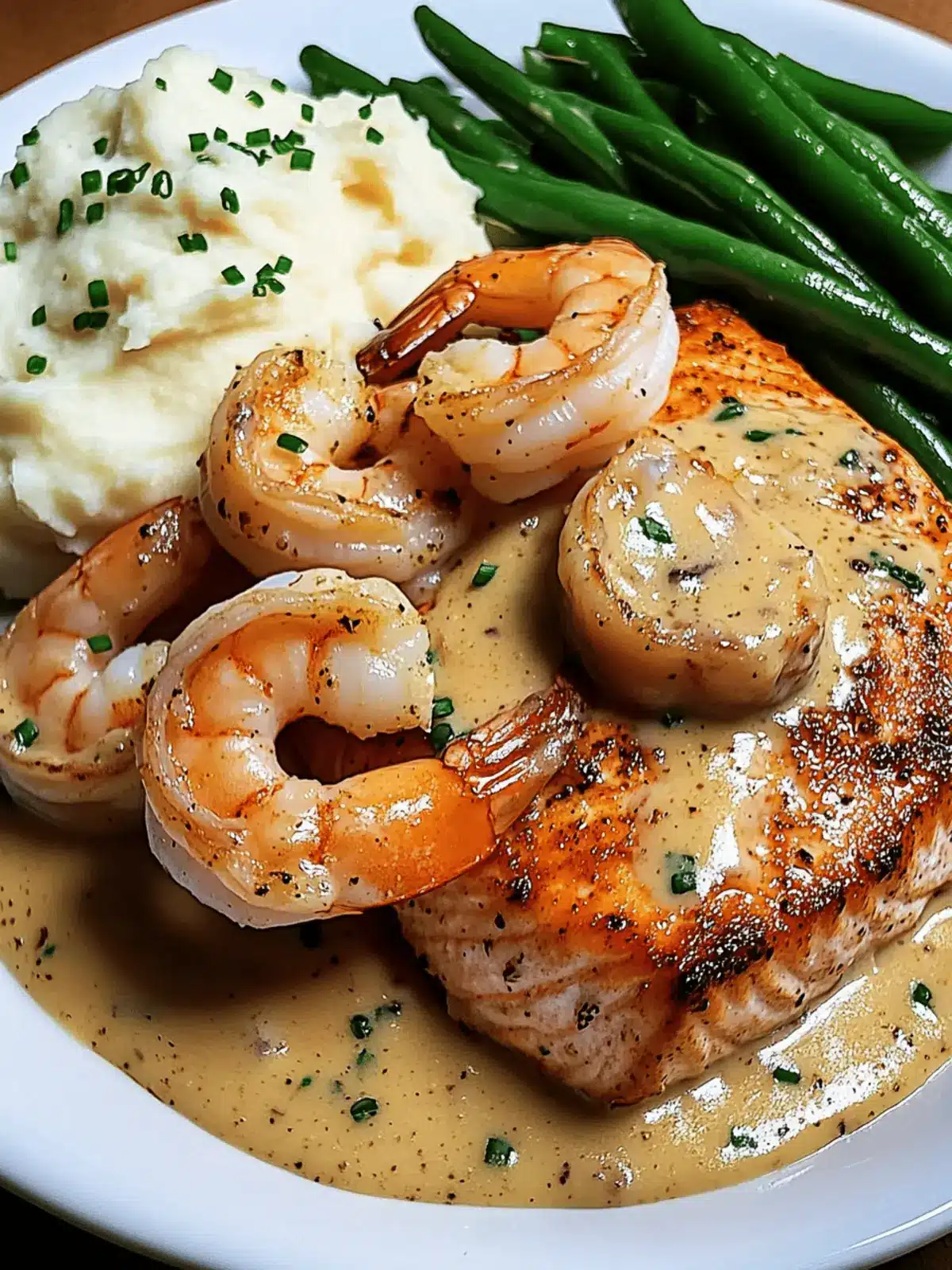 Cajun Shrimp and Salmon with Garlic Cream Sauce, Mashed Potatoes, and Green Beans: A Flavor-Packed Dinner to Impress