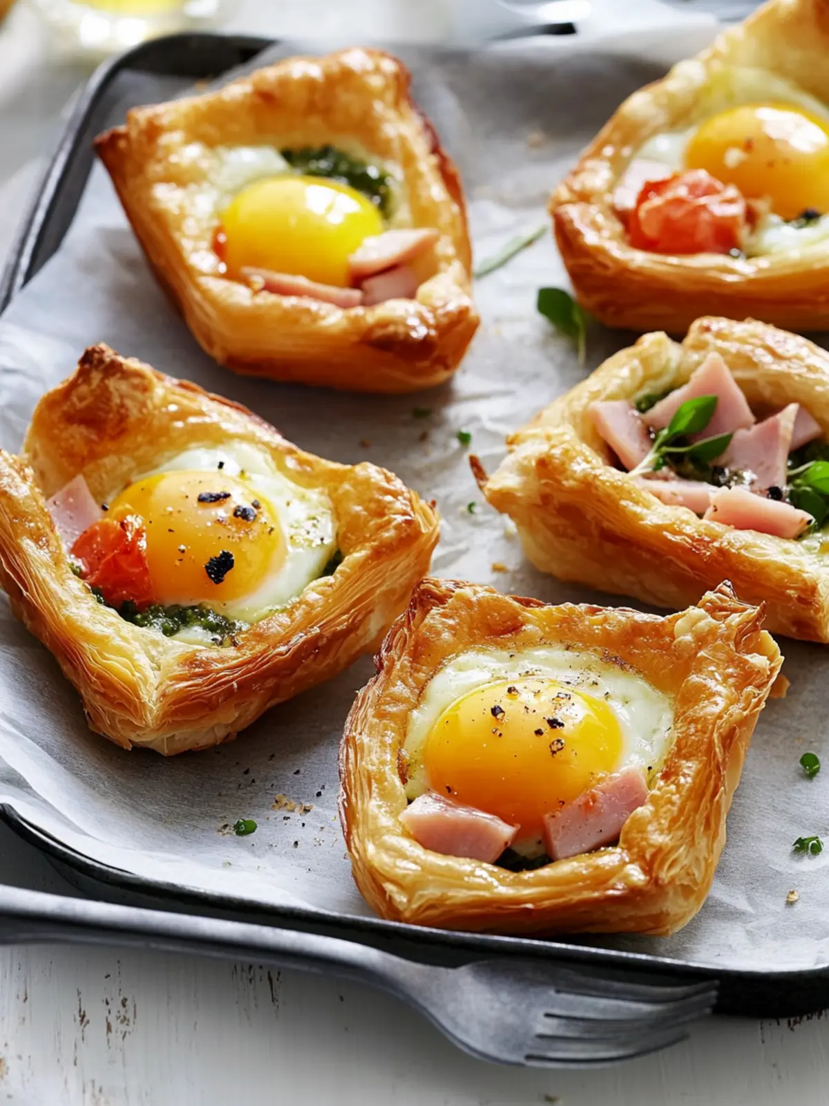 Cheesy, Tomato Pesto, Ham and Egg Puffs