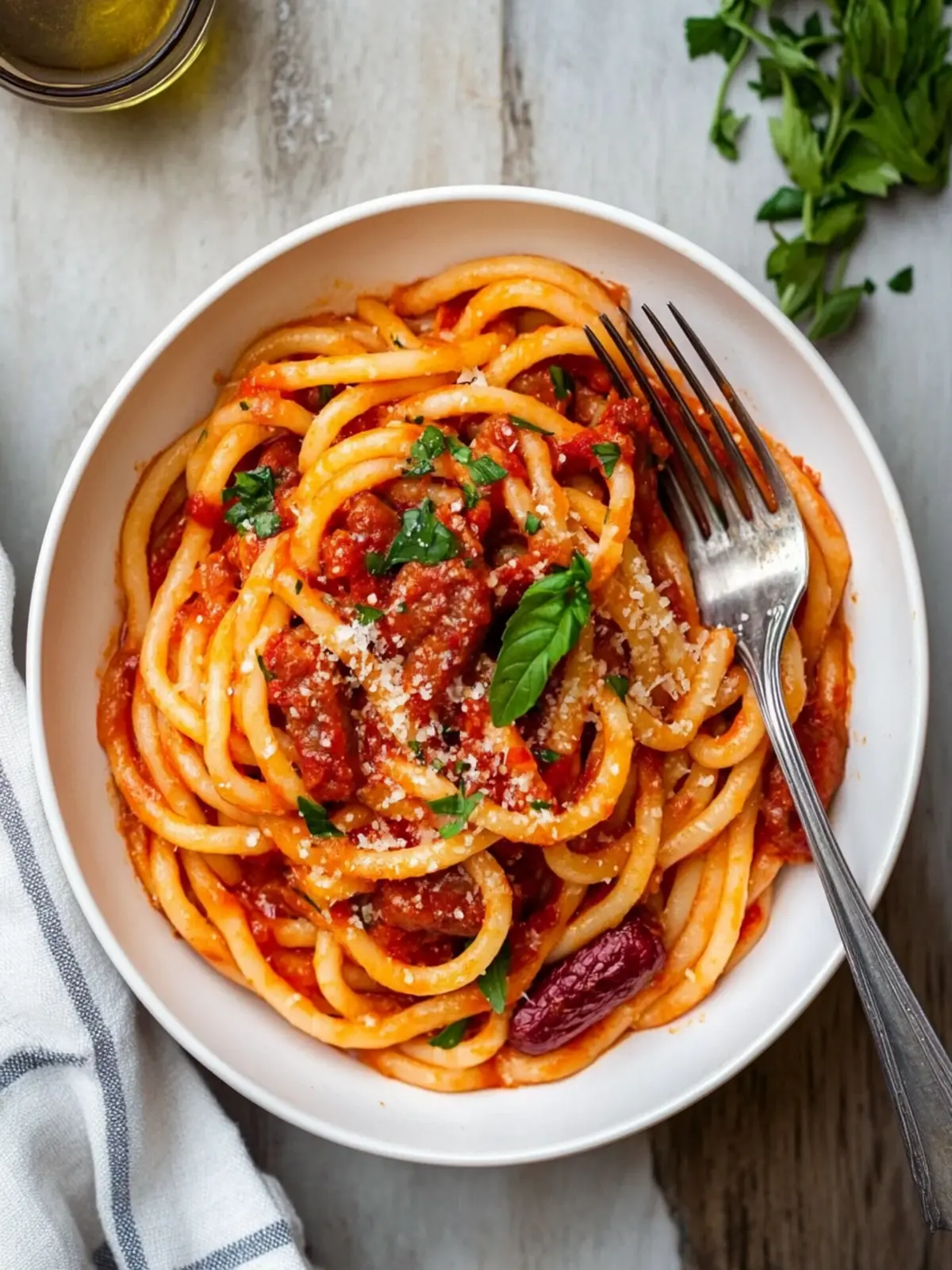 Bucatini All Amatriciana with Chinese Sausage: Bold & Tasty! 4 Bucatini Allamatriciana With Chinese Sausage