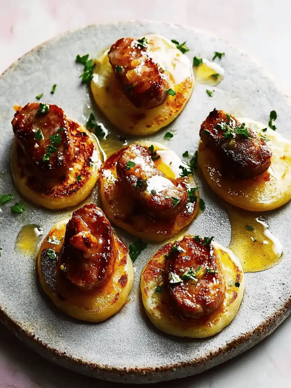 Maple-glazed sausage blinis