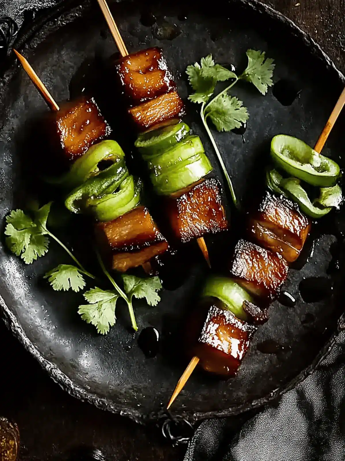 Pork Belly Skewers with Vietnamese Caramel Sauce Delight 4 Pork belly skewers with Vietnamese caramel sauce