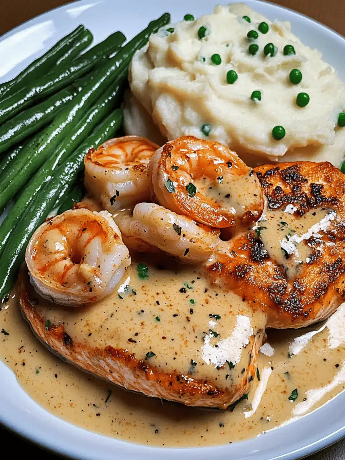 Cajun Shrimp and Salmon with Garlic Cream Sauce, Mashed Potatoes, and Green Beans: A Flavor-Packed Dinner to Impress