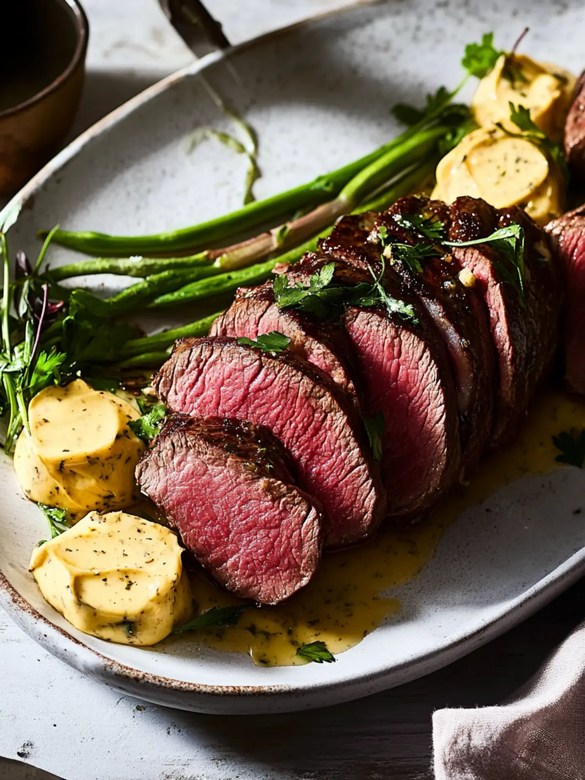 Mouthwatering Whole Roasted Eye Fillet with Mustard Butter 3 Whole Roasted Eye Fillet with Mustard, Parsley and Garlic Butter
