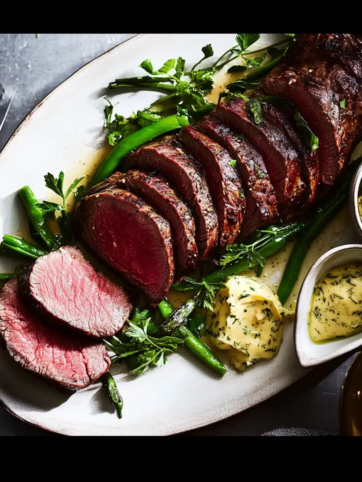 Mouthwatering Whole Roasted Eye Fillet with Mustard Butter 2 Whole Roasted Eye Fillet with Mustard, Parsley and Garlic Butter
