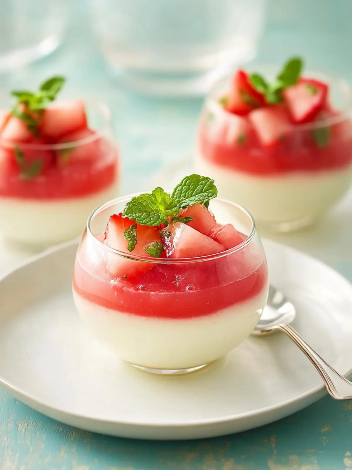 Milk Pudding With Rose Jelly Watermelon Strawberry And Mint Salad