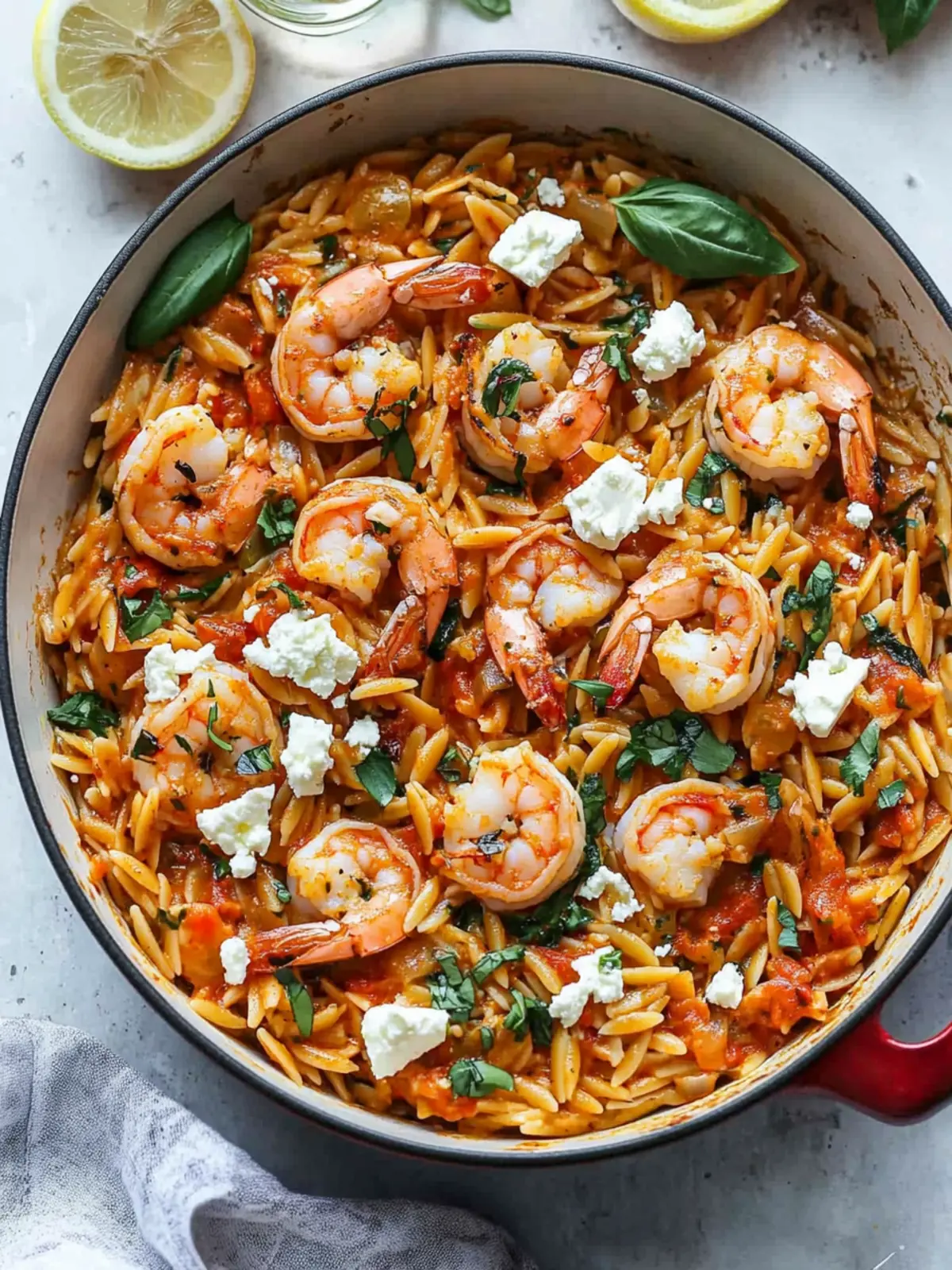 One Pot Harissa Shrimp and Feta Orzo