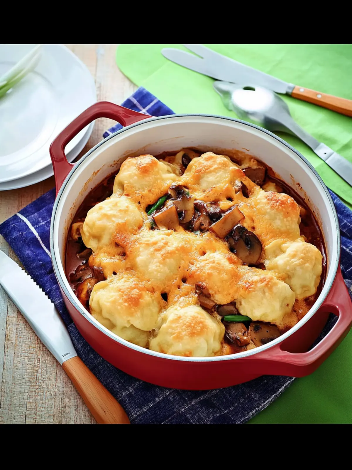Beef and Mushroom Hot Pot with Cheesy Dumplings