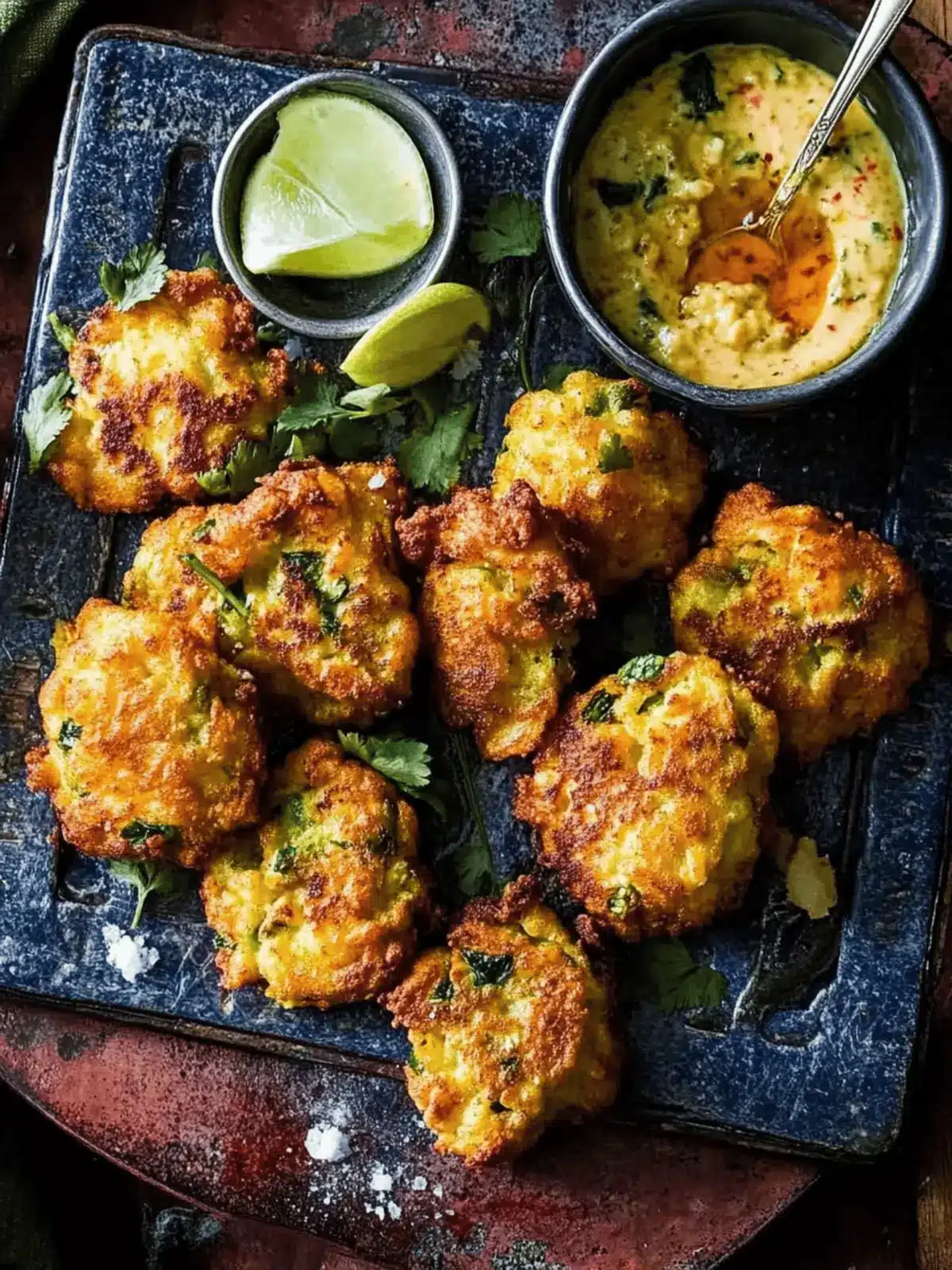 Spiced cod fritters with harissa honey dip