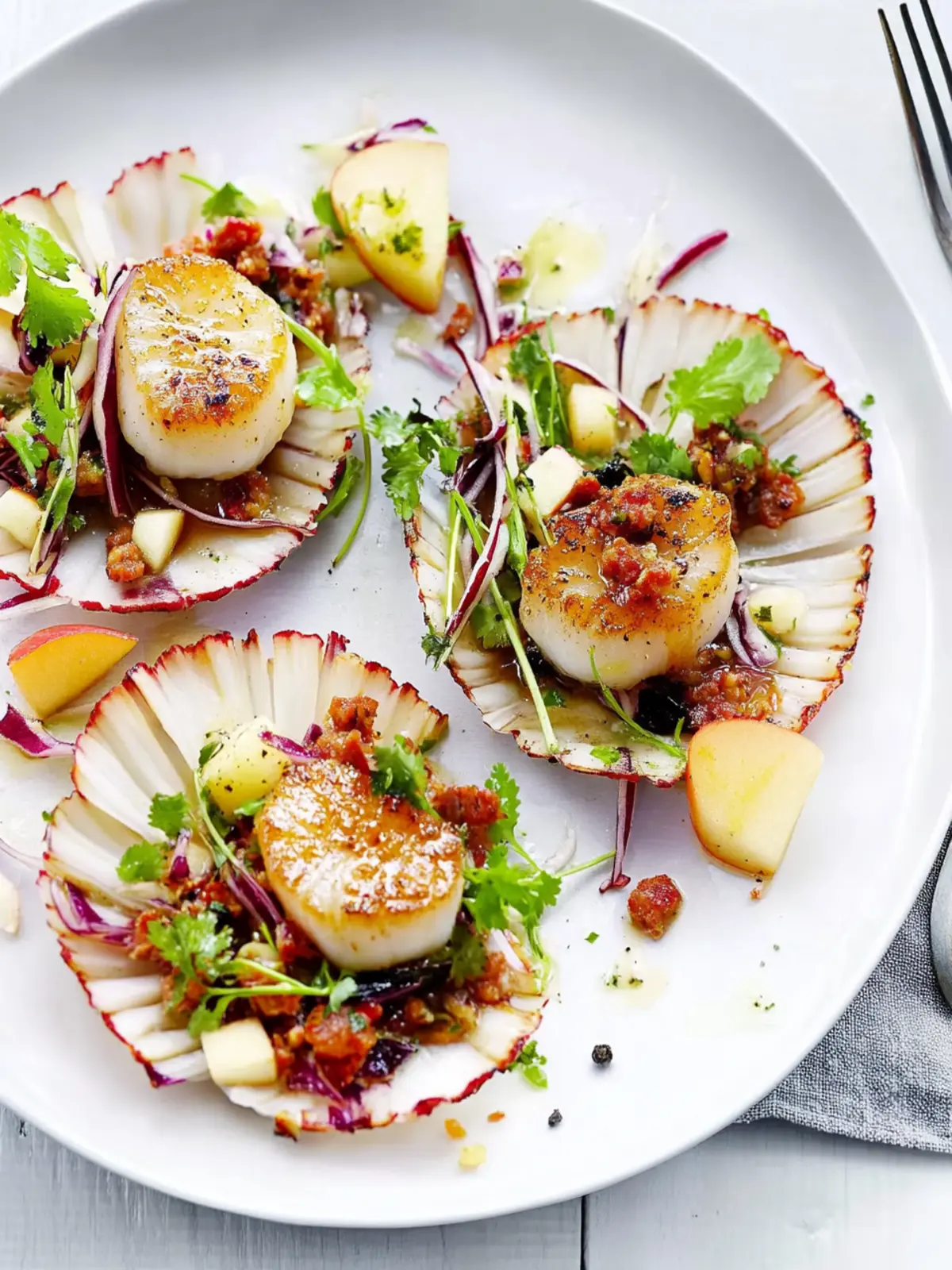 Savory Scallops with Chorizo and Zesty Apple Slaw Delight 4 Scallops with Chorizo and Apple Slaw