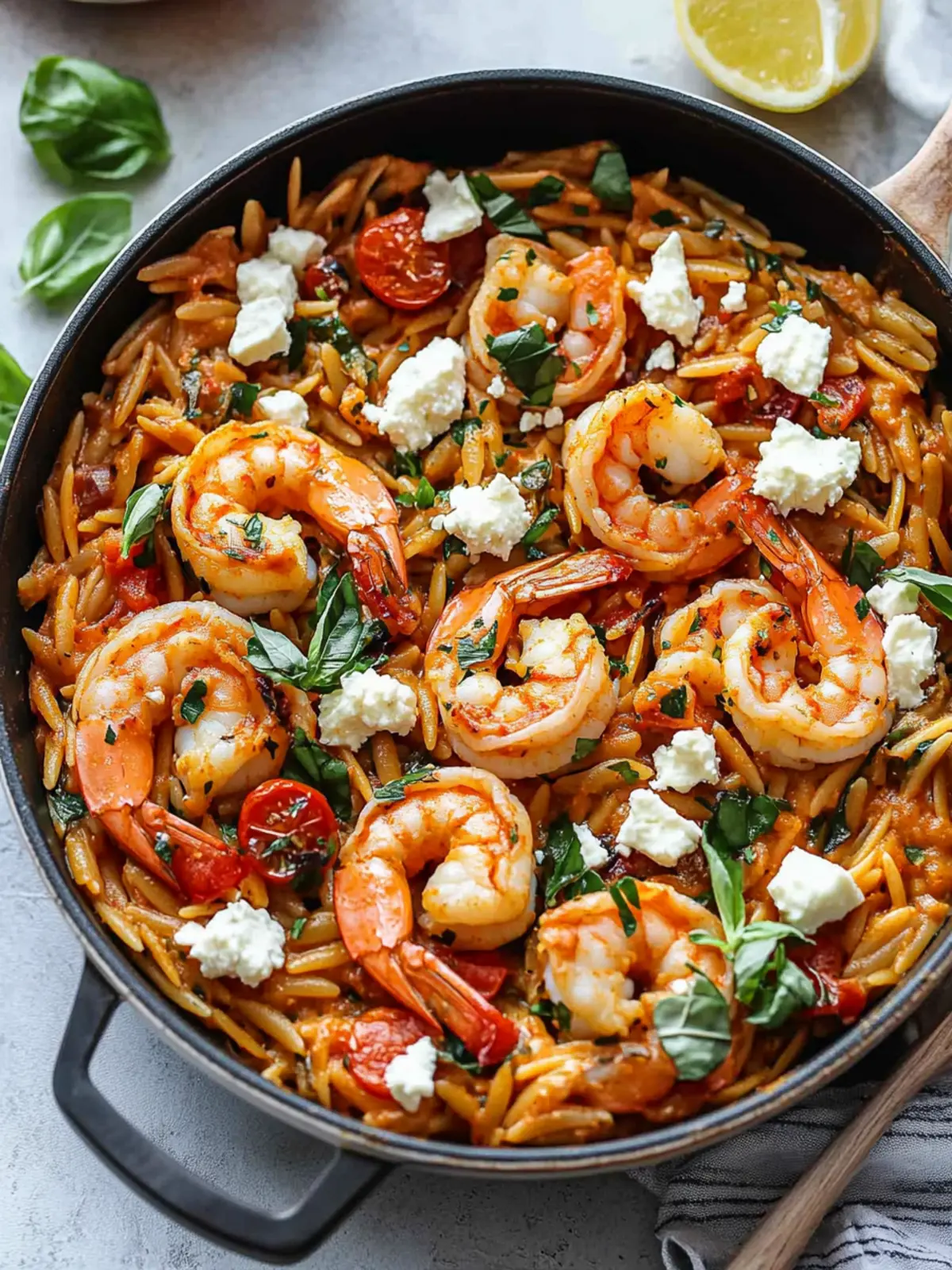 One Pot Harissa Shrimp and Feta Orzo