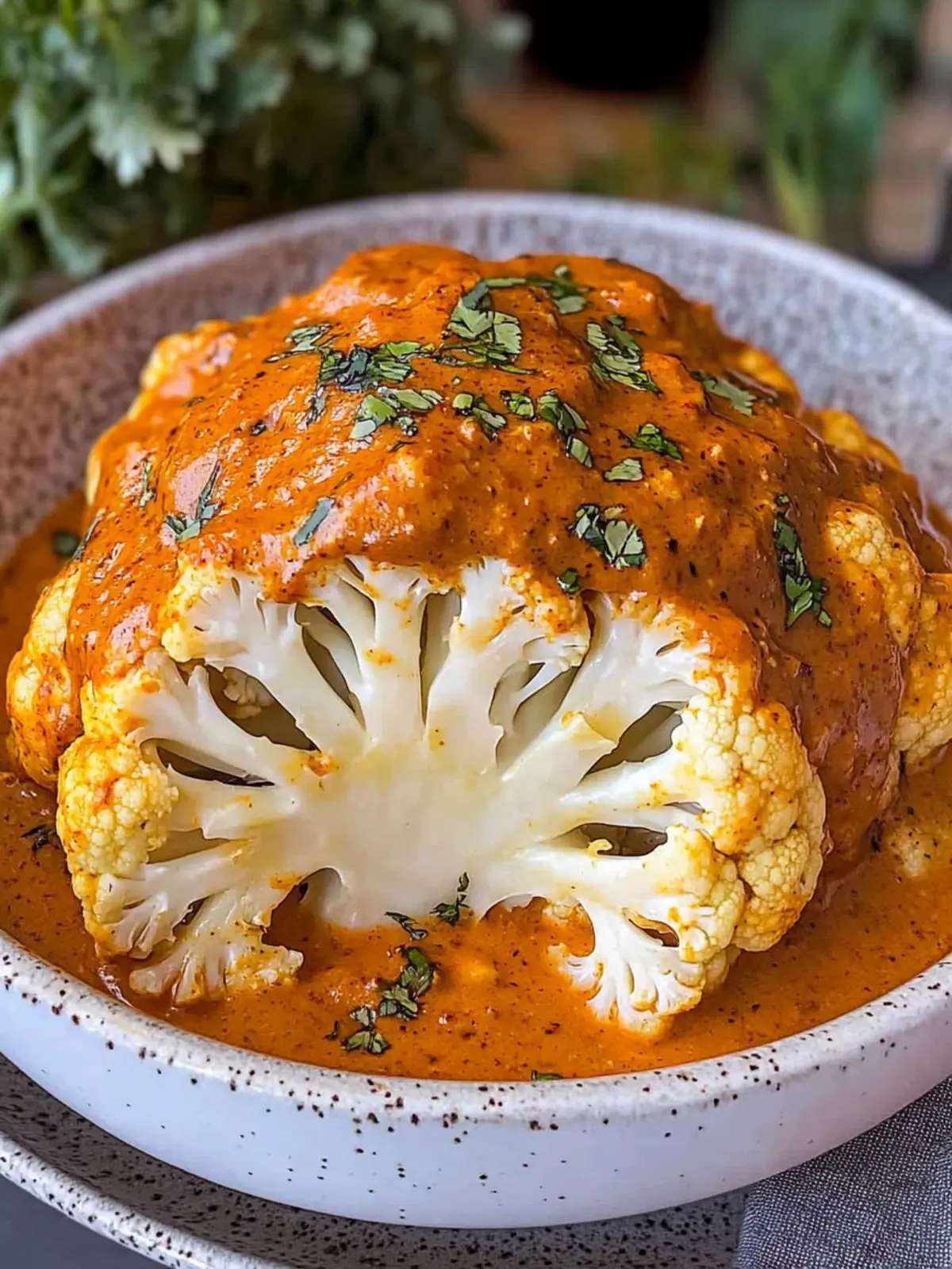 Whole Roasted Cauliflower in Tikka Masala Sauce