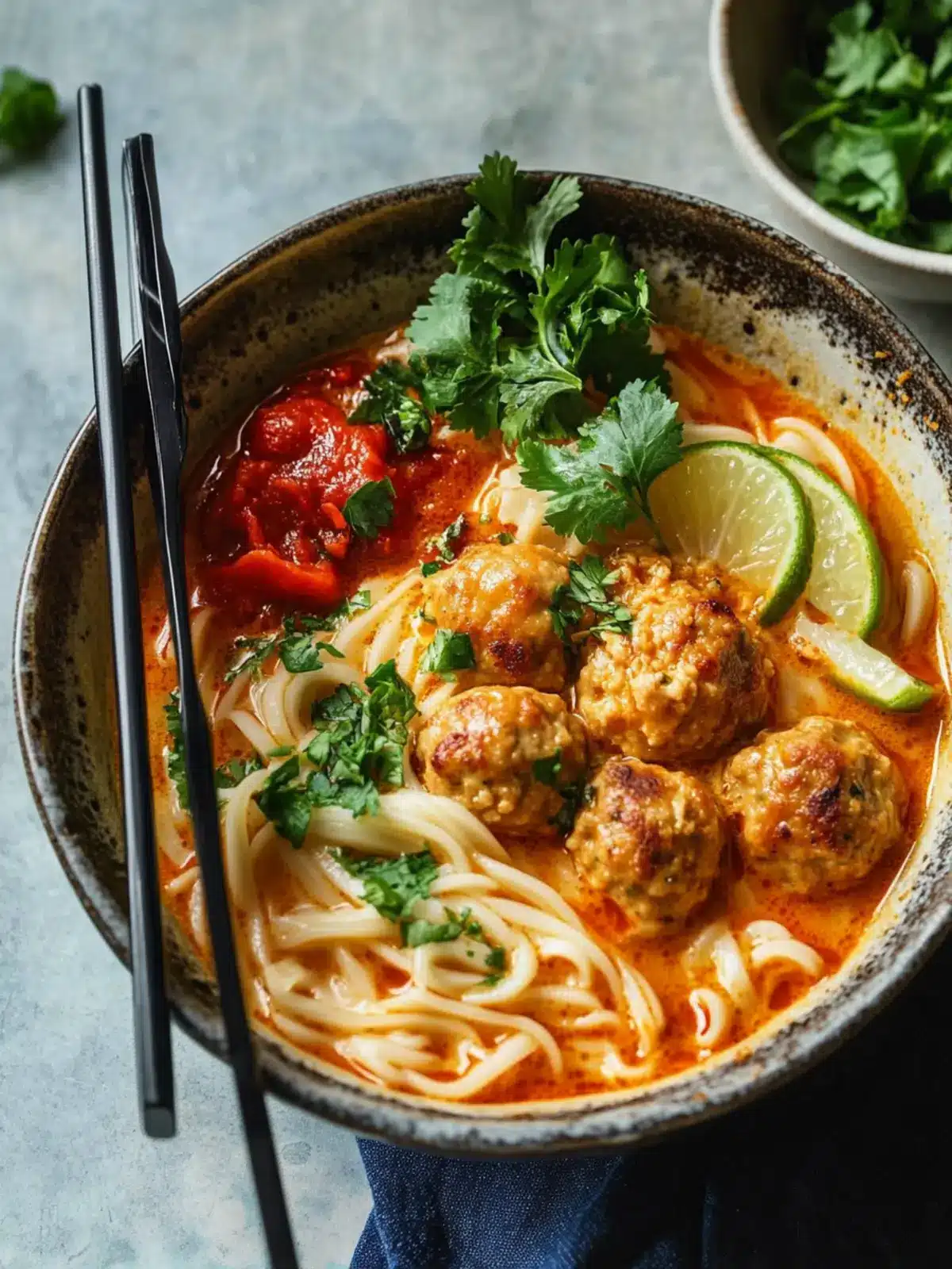 Red Curry Chicken Meatball Udon Soup