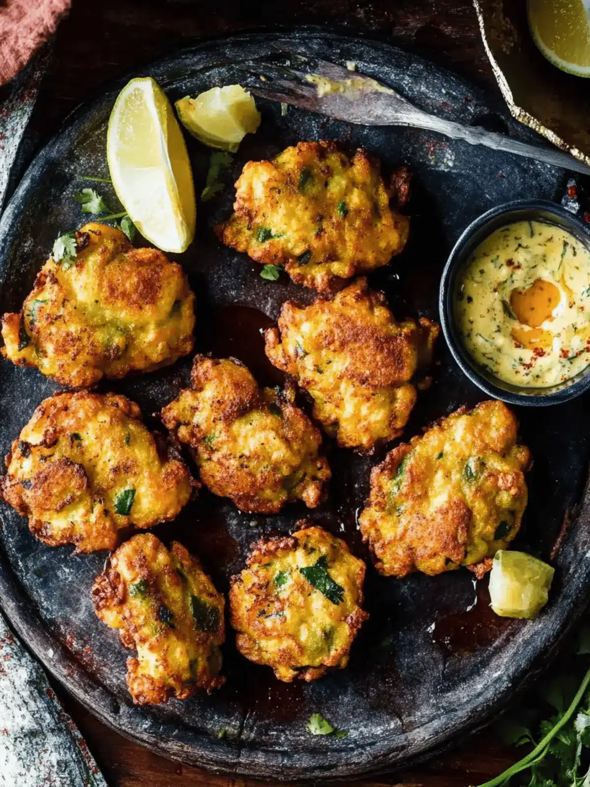 Spiced cod fritters with harissa honey dip