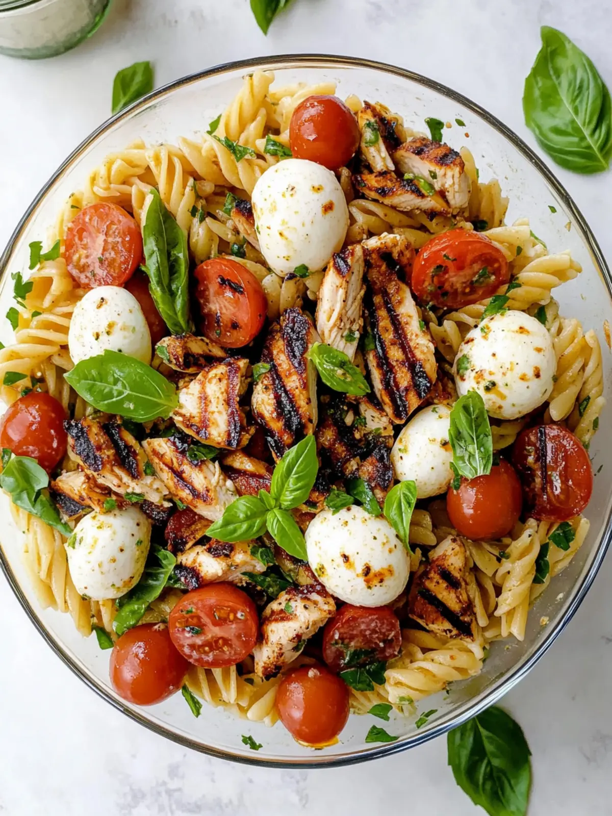 Layered Grilled Chicken Caprese Pasta Salad.
