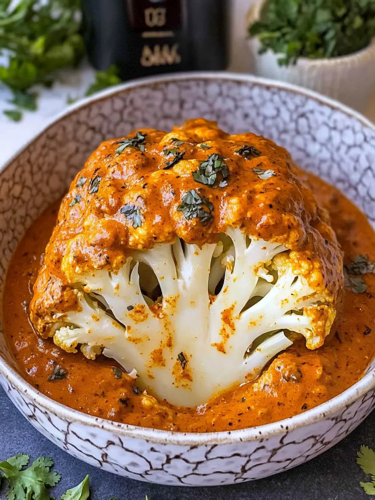 Whole Roasted Cauliflower in Tikka Masala Sauce
