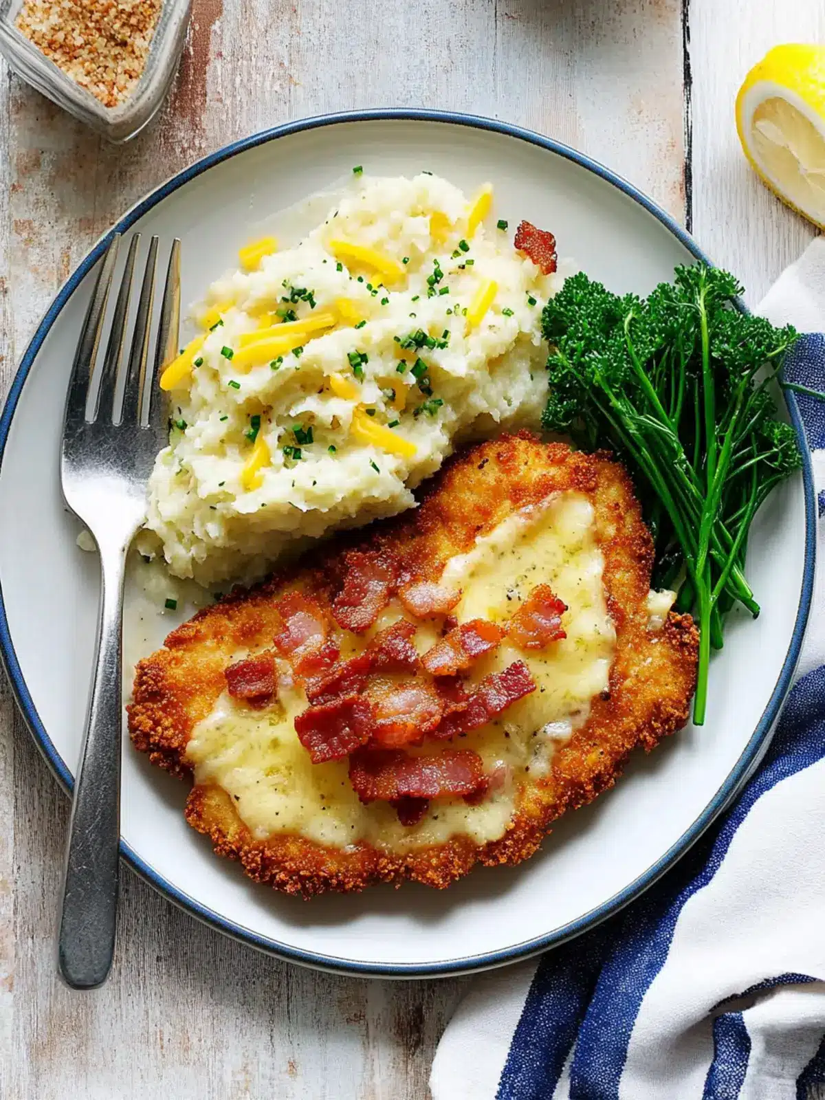 Satisfy Your Cravings with Chicken Schnitzel and Cheesy Bacon Mash 4 Chicken Schnitzel with Cheese, Bacon and Chive Butter Mash