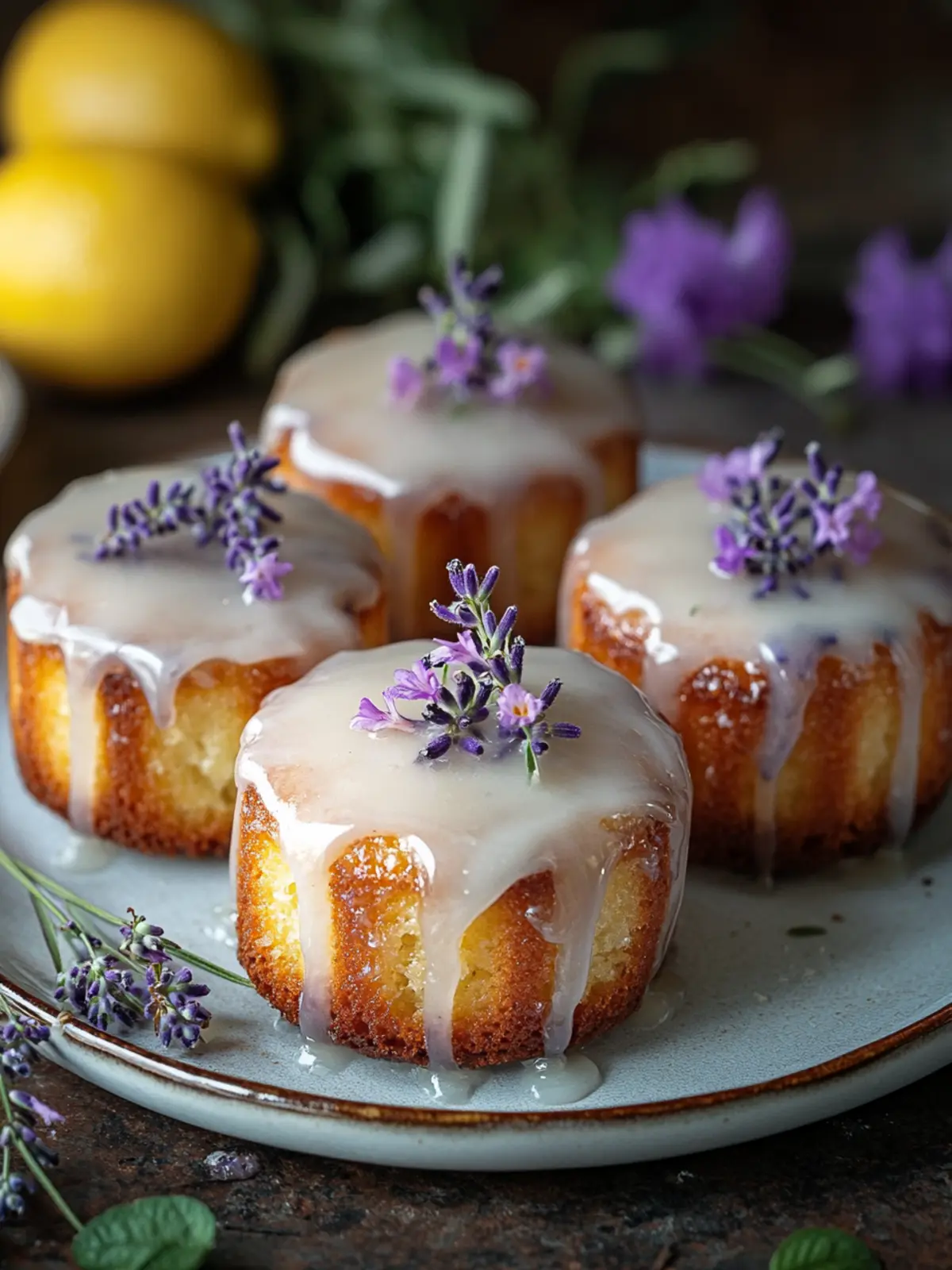 Delicious Mini Lemon Cakes with Lavender Glaze for Your Tea Party 2 Mini Lemon Cakes With Lavender Glaze