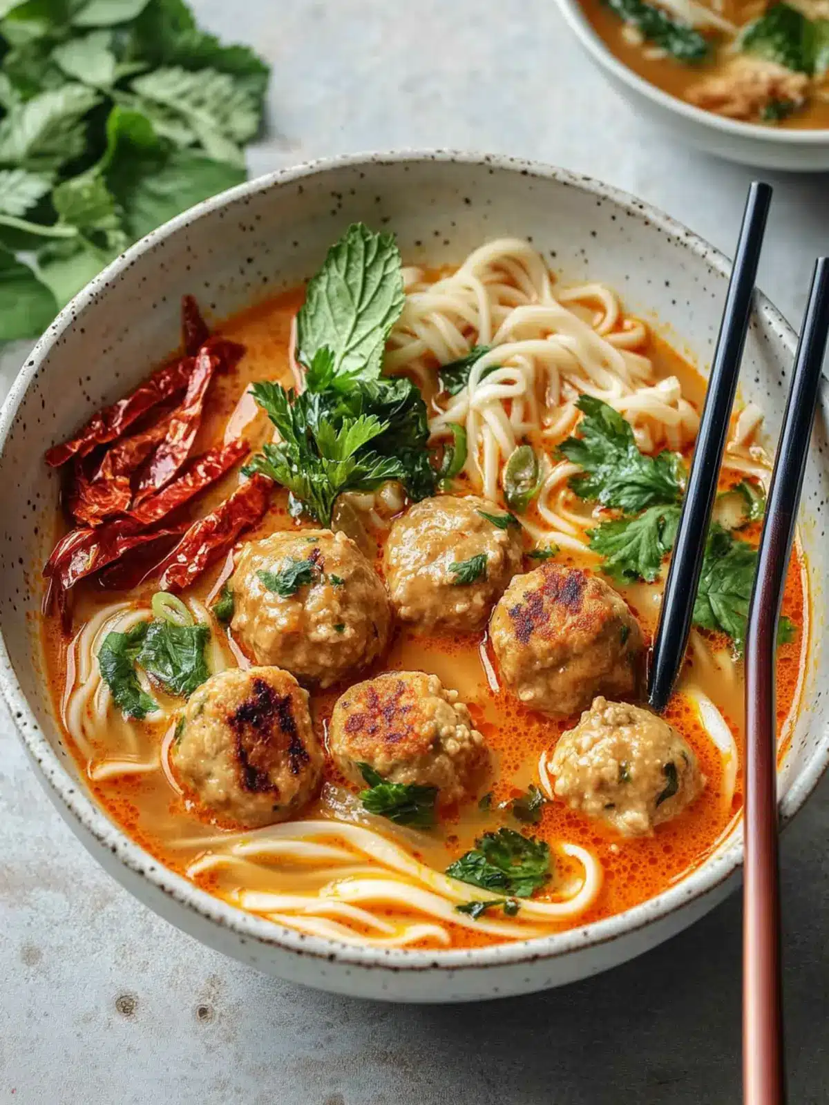 Red Curry Chicken Meatball Udon Soup