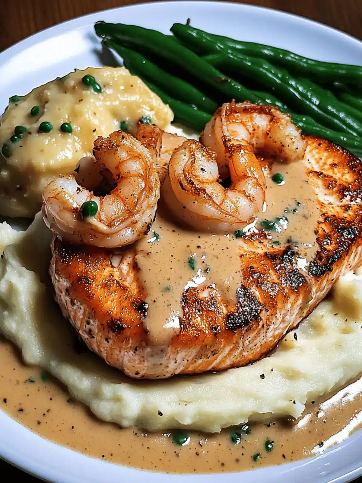 Cajun Shrimp and Salmon with Garlic Cream Sauce, Mashed Potatoes, and Green Beans: A Flavor-Packed Dinner to Impress
