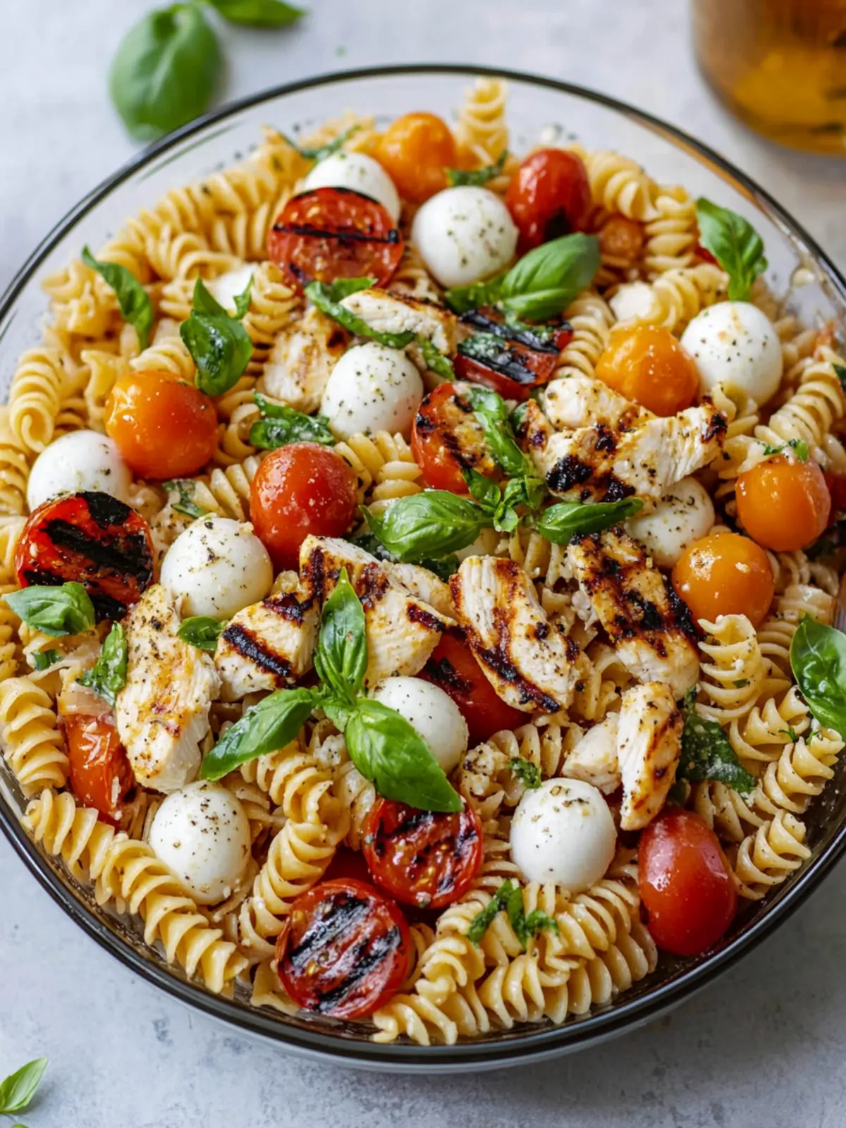 Layered Grilled Chicken Caprese Pasta Salad.