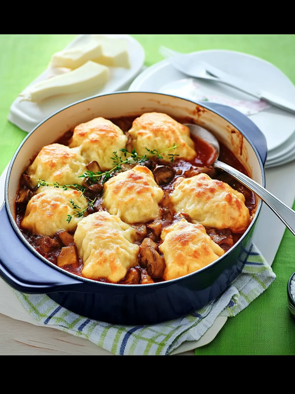 Beef and Mushroom Hot Pot with Cheesy Dumplings