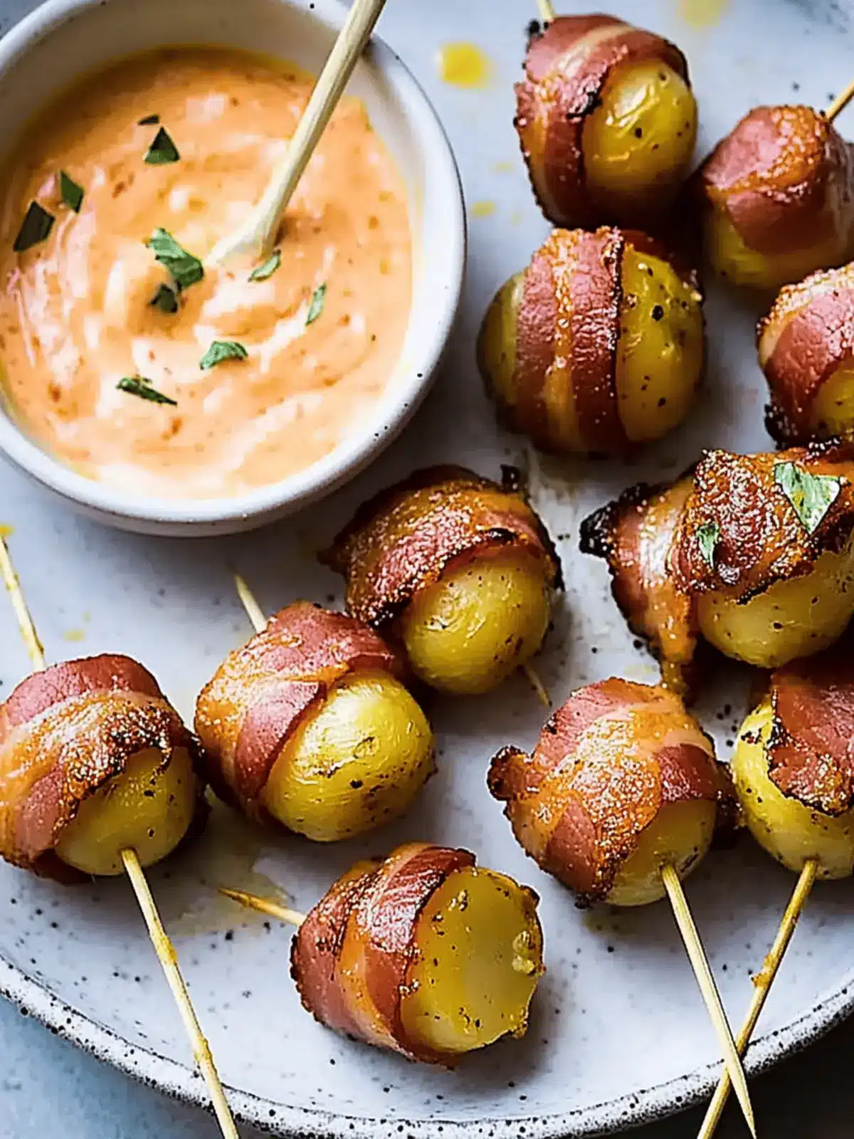 Baby new potatoes wrapped in bacon with harissa cheese dip