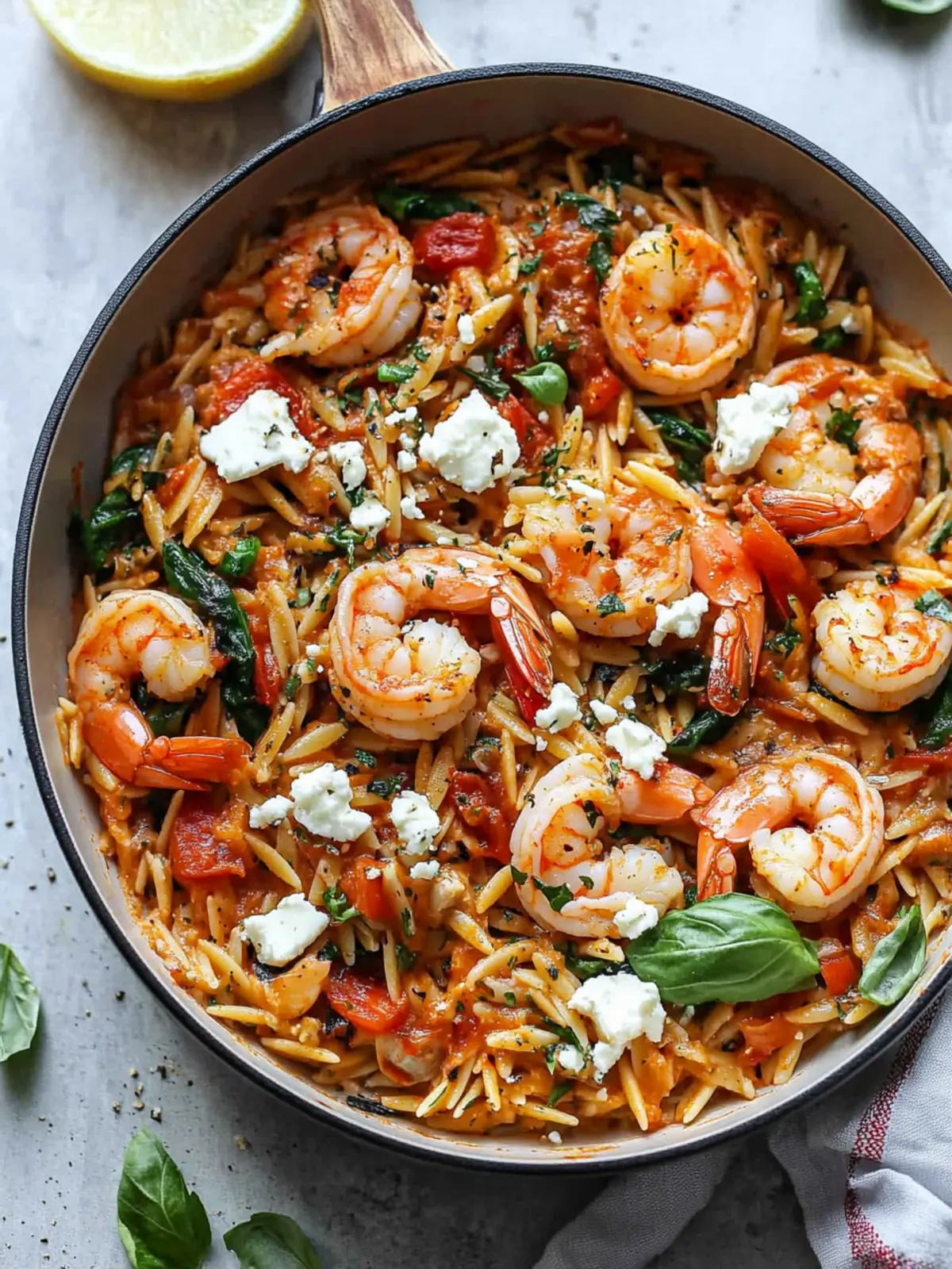 One Pot Harissa Shrimp and Feta Orzo