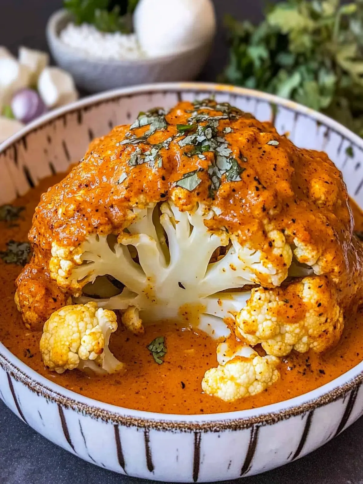 Whole Roasted Cauliflower in Tikka Masala Sauce