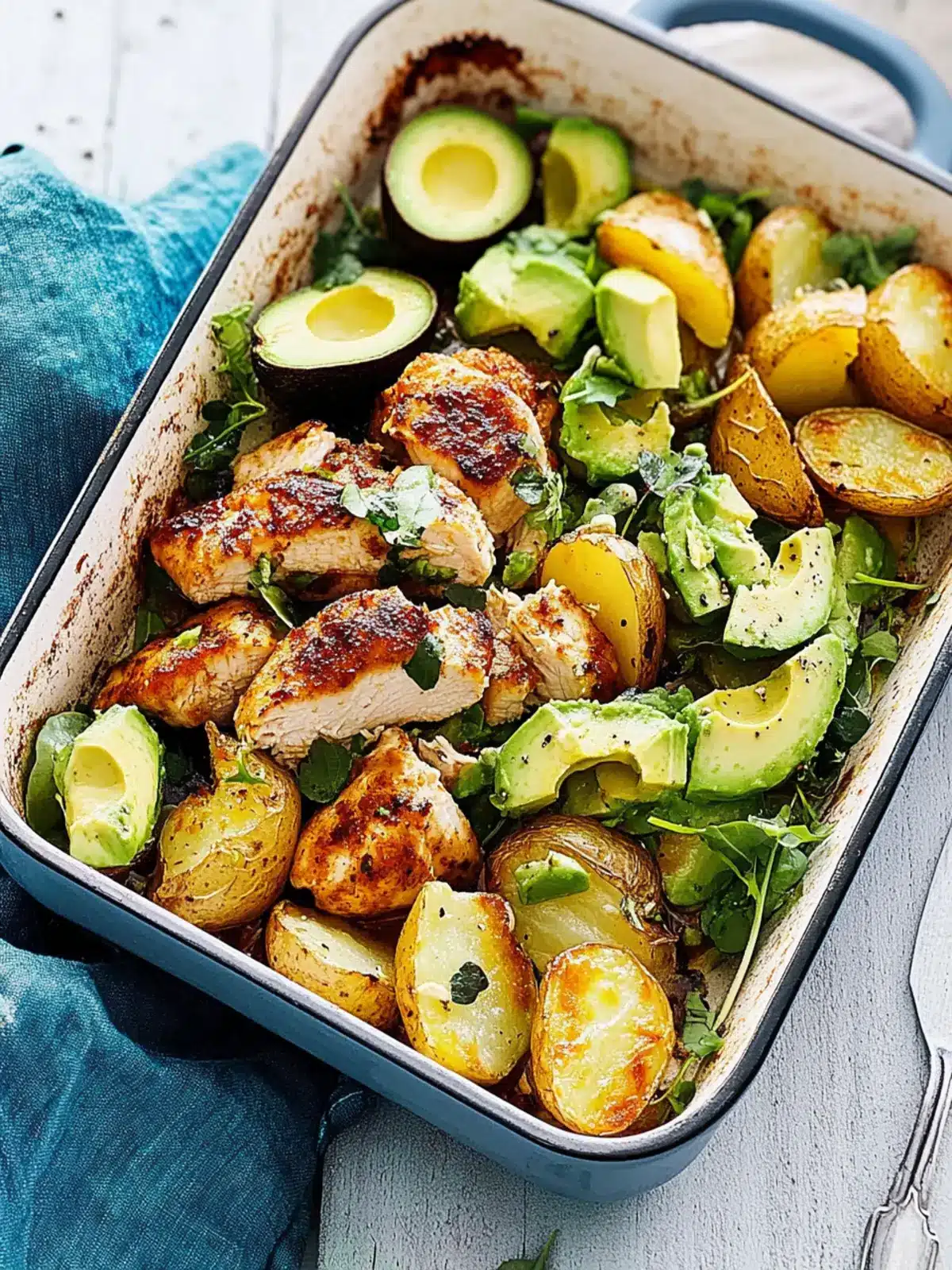 Chicken Avocado and Crunchy Potato Tray Bake