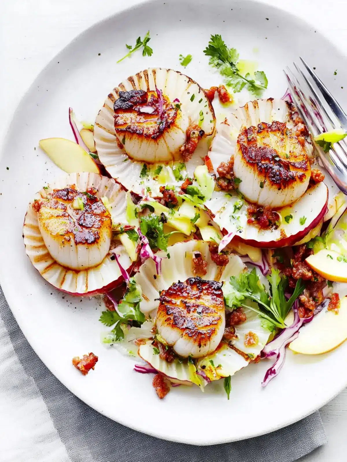 Savory Scallops with Chorizo and Zesty Apple Slaw Delight 3 Scallops with Chorizo and Apple Slaw