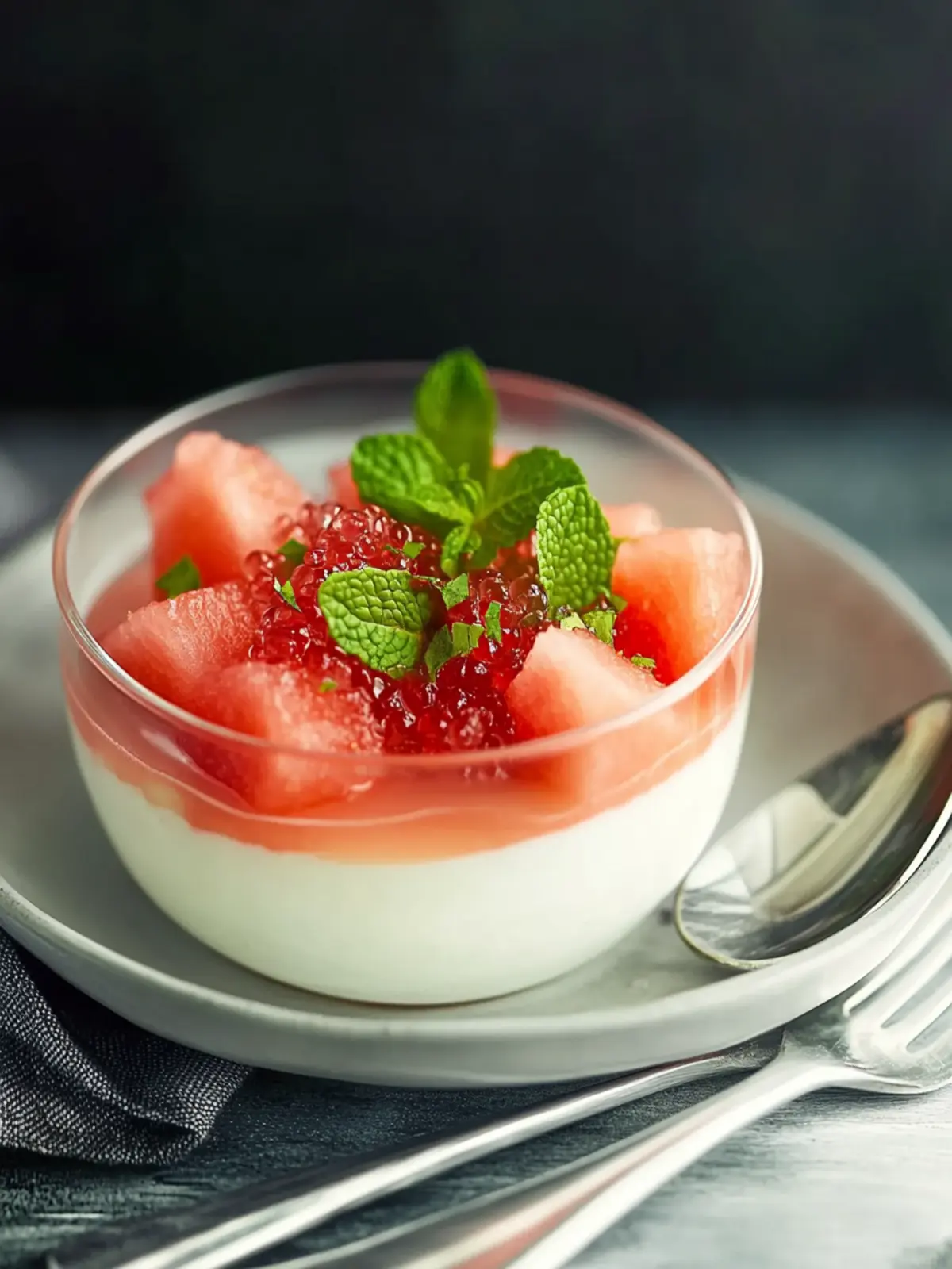 Milk Pudding With Rose Jelly Watermelon Strawberry And Mint Salad