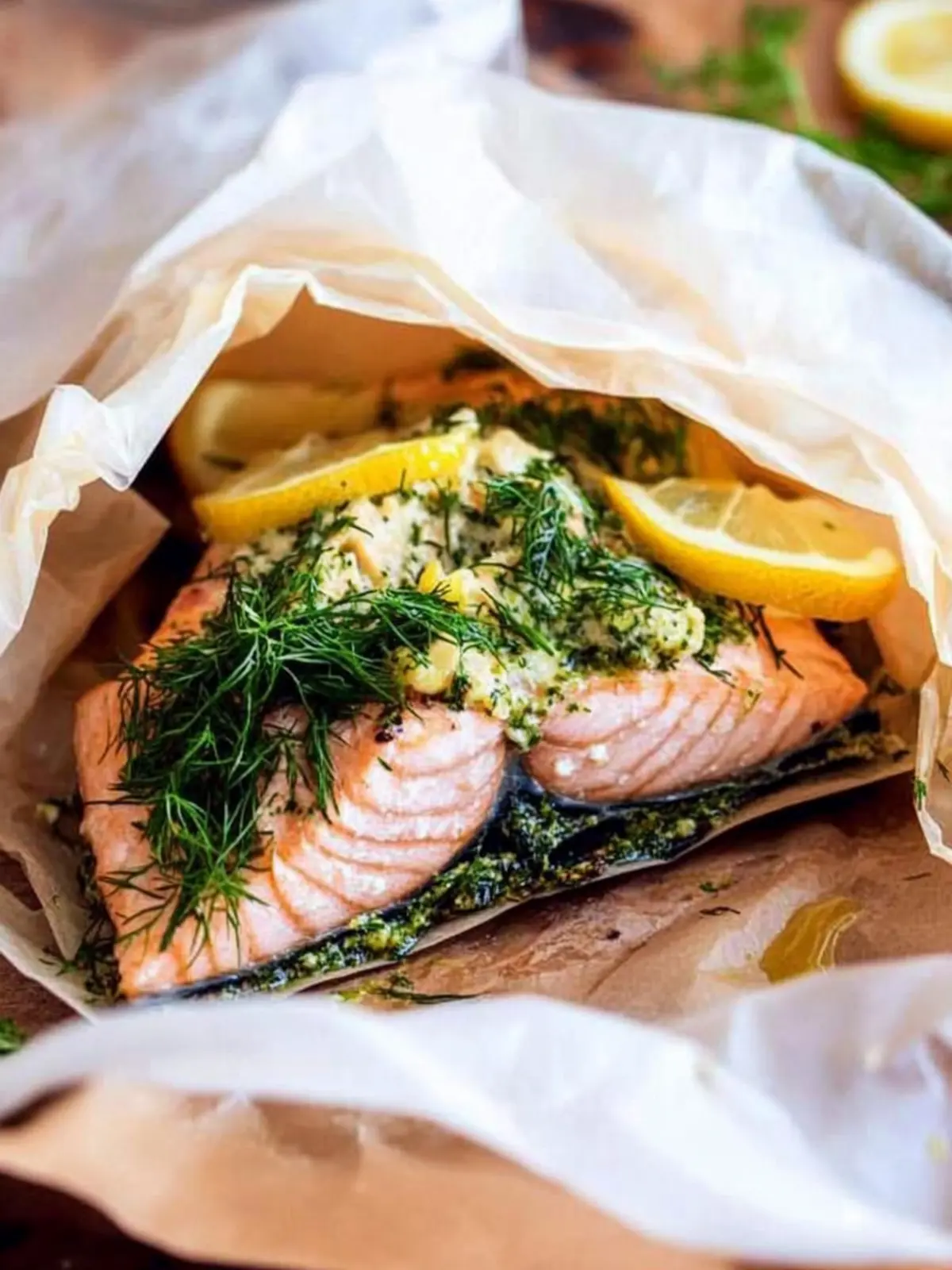 Salmon en Papillote with Lemon Dill Compound Butter and Gremolata