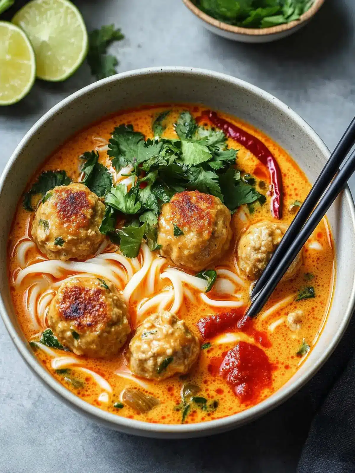 Red Curry Chicken Meatball Udon Soup