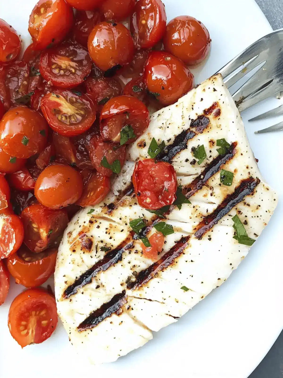Grilled Swordfish with Blistered Grape Tomatoes and Sea Beans