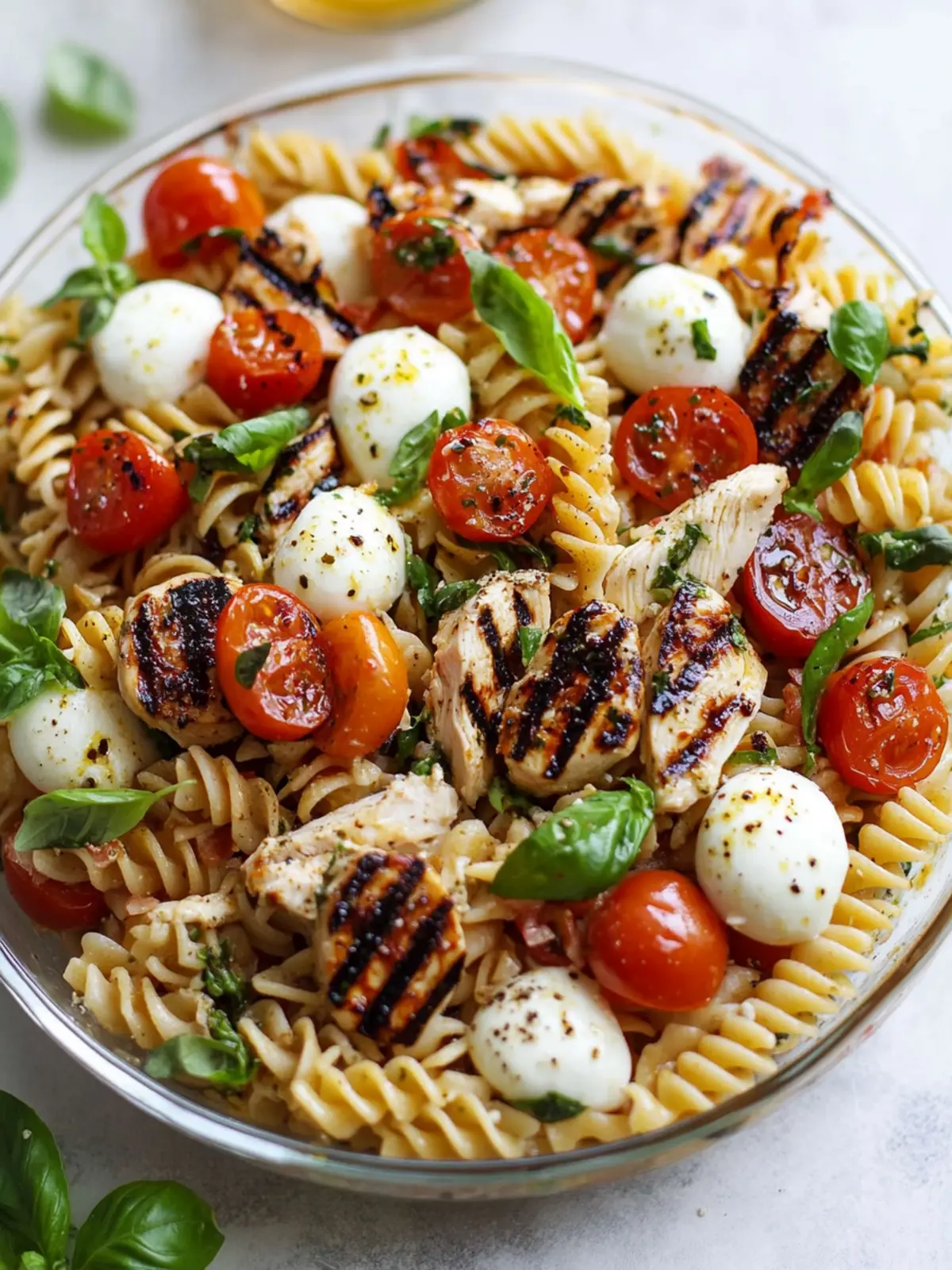 Layered Grilled Chicken Caprese Pasta Salad.